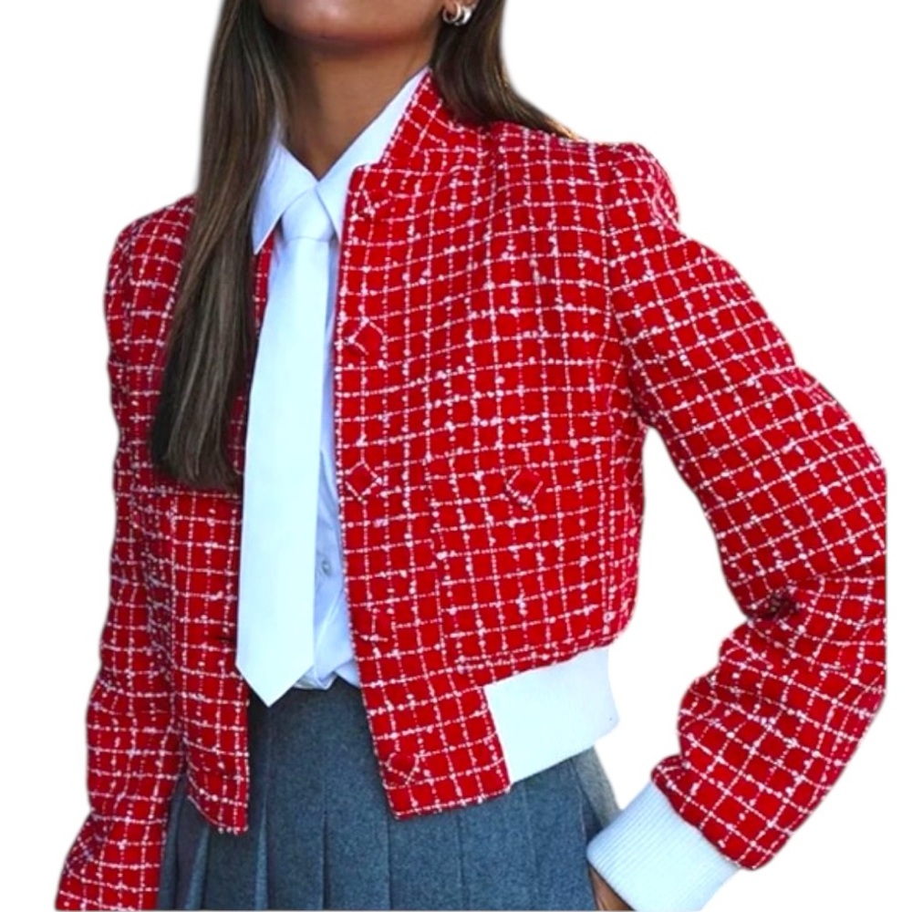 Mango Check Tweed Bomber Jacket Sz S